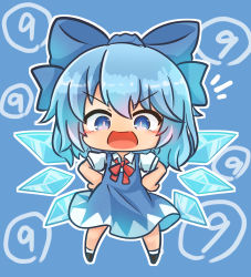 Rule 34 | circled 9, 1girl, asimo953, blue background, blue dress, blue eyes, blue hair, bow, chibi, cirno, dress, hair bow, hands on own hips, highres, ice, ice wings, open mouth, outline, smile, solo, touhou, wings