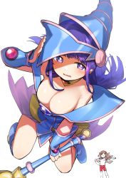 Rule 34 | 2girls, :d, absurdres, aijou karen, arm up, armpit crease, bare shoulders, blue dress, blue footwear, blue headwear, blunt bangs, blunt ends, boots, breasts, bright pupils, brown eyes, brown hair, cleavage, collarbone, commentary request, cosplay, crown hair ornament, dark magician girl, dark magician girl (cosplay), downblouse, dress, floating hair, full body, goe (g-o-e), gym uniform, hair ornament, hand on headwear, hands up, hat, highres, holding, holding wand, jacket, jacket on shoulders, jewelry, large breasts, light blush, long hair, looking at viewer, multiple girls, neck ring, off-shoulder dress, off shoulder, open mouth, outstretched arm, parted lips, purple eyes, purple hair, red shorts, shade, shirt, short hair, short sleeves, shorts, shoujo kageki revue starlight, sidelocks, simple background, smile, standing, tsuyuzaki mahiru, two side up, v-shaped eyebrows, vambraces, wand, wavy mouth, white background, white jacket, white shirt, wizard hat, yu-gi-oh!