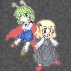 Rule 34 | 2girls, antennae, blonde hair, cape, dress, fang, female focus, green eyes, green hair, multiple girls, open mouth, r pascal, red eyes, rumia, shoot the bullet, touhou, wriggle nightbug