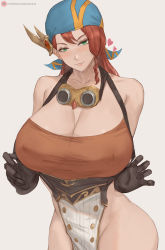Rule 34 | 1girl, bandana, bare shoulders, blue bandana, blush, breasts, cleavage, collarbone, green eyes, highres, large breasts, long hair, looking at viewer, lsls, minayle (monster hunter), monster hunter (series), monster hunter rise, parted lips, pelvic curtain, red hair, simple background, smile, solo, thighs, white background