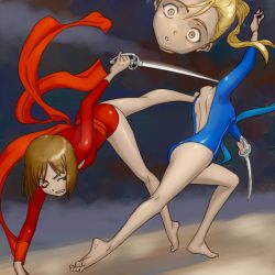 Rule 34 | 2girls, barefoot, blonde hair, blush, breasts, brown hair, colored eyelashes, death, decapitation, feet, female focus, fencing, fighting, flat chest, full body, guro, headless, highres, kageng, legs, leotard, multiple girls, peril, small breasts, soles, standing, sword, thighs, toes, weapon, wide-eyed