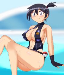Rule 34 | 1girl, ass, asymmetrical hair, bare shoulders, black hair, blush, breast slip, breasts, creatures (company), game freak, groin, gym leader, hair between eyes, highres, large breasts, looking at another, misty (pokemon), navel, nintendo, one-piece swimsuit, pokemon, pokemon: the electric tale of pikachu, ponytail, purple eyes, shiny skin, short hair, side ponytail, slingshot swimsuit, solo, su retro space, swimsuit, wet