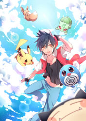 Rule 34 | 1boy, adjusting clothes, adjusting headwear, black gloves, black hair, black shirt, blue pants, blue sky, bright pupils, brown eyes, bulbasaur, closed eyes, cloud, commentary, creatures (company), eevee, falling, fangs, fingerless gloves, game freak, gen 1 pokemon, gloves, jacket, lens flare, luan tang, male focus, midriff peek, navel, nintendo, open clothes, open jacket, open mouth, pants, pikachu, pokemon, pokemon adventures, poliwag, red (pokemon), red eyes, red jacket, shirt, sky, snorlax, spiked hair, symbol-only commentary, teeth, upper teeth only, white pupils