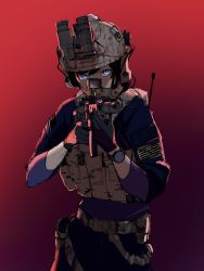 Rule 34 | 1girl, american flag, ammunition pouch, an/avs-6, ar-15, assault rifle, black hair, blue eyes, gloves, gun, helmet, highres, looking at viewer, night-vision device, original, pen guin15, pouch, red background, rifle, short hair, solo, suppressor, weapon