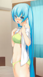 Rule 34 | 1girl, air conditioner, bed, blue eyes, blue hair, blush, bra, curtains, from side, green bra, green panties, hatsune miku, highres, long hair, looking at viewer, matching hair/eyes, no pants, open clothes, open mouth, open shirt, panties, papino, shirt, solo, strapless, strapless bra, twintails, underwear, undressing, very long hair, vocaloid