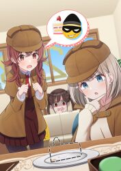 Rule 34 | 3girls, braid, brown cape, brown dress, brown hair, brown headwear, cape, commentary request, couch, detective, dress, food, food on face, grey hair, hand on own chin, highres, idolmaster, idolmaster shiny colors, indoors, komiya kaho, looking at another, looking at object, multiple girls, osoba susurukun, peeking out, red hair, serizawa asahi, sonoda chiyoko, spoken object, stroking own chin, turn pale, twin braids