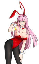 Rule 34 | 1girl, absurdres, blue eyes, blush, body blush, breasts, cleavage, collarbone, corset, darling in the franxx, detached collar, gmanime, hand in own hair, hand on own knee, highres, large breasts, looking at viewer, pantyhose, pink hair, rabbit ears, red corset, smile, wrist cuffs, zero two (darling in the franxx)