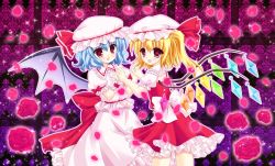 Rule 34 | 2girls, bad id, bad pixiv id, bat wings, blonde hair, blue hair, bow, crystal, female focus, flandre scarlet, holding hands, hat, hat ribbon, highres, kouta., multiple girls, open mouth, petals, puffy sleeves, red eyes, remilia scarlet, ribbon, short hair, short sleeves, siblings, side ponytail, sisters, touhou, wings, wrist cuffs