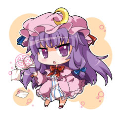 Rule 34 | 1girl, bad id, bad pixiv id, book, chestnut mouth, chibi, coat, crescent, dress, hair ribbon, hat, long sleeves, looking at viewer, mob cap, noai nioshi, open book, open clothes, open coat, open mouth, patchouli knowledge, pentagram, purple eyes, purple hair, ribbon, solo, striped clothes, striped dress, touhou, tress ribbon, wide sleeves
