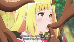 Rule 34 | 1boy, animated, anime screenshot, black shirt, blonde hair, blush, elf, fellatio, futoku no guild, groin, highres, long hair, long sleeves, multicolored shirt, noma rune, open mouth, oral, pointy ears, red shirt, restrained, screencap, shirt, sidelocks, sound, subtitled, tagme, tearing up, tentacle fellatio, tentacles, tentacles on male, thighs, trap, video, yellow eyes