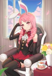 Rule 34 | 1girl, animal ears, artist request, black thighhighs, bow, braid, bright pupils, buttons, chair, cherry blossoms, cloud, cup, day, elbow gloves, elin, flower, flower pot, gloves, indoors, long hair, open window, petals, pink eyes, pink hair, plant, rabbit ears, ribbon, saucer, shirt, sitting, skirt, sky, sleeveless, sleeveless shirt, smile, solo, table, tea, teacup, tera online, thighhighs, twin braids, twintails, wind, window