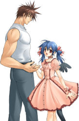 Rule 34 | 1boy, 1girl, arc system works, belt, blue hair, brown hair, choker, dizzy (guilty gear), dress, father and daughter, guilty gear, hair ribbon, holding hands, height difference, hetero, muscular, red eyes, ribbon, shirt, sleeveless, sleeveless shirt, sol badguy, tail, wings, wrist ribbon