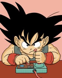 Rule 34 | 1boy, :p, abale, controller, dragon ball, frown, game controller, male focus, playing games, retro artstyle, simple background, solo, son goku, tongue, tongue out, video game