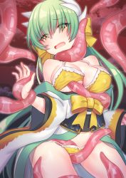 Rule 34 | 1girl, ap@meito, bikini, blush, bow, breasts, cleavage, dragon girl, dragon horns, fate/grand order, fate (series), green hair, highres, hip focus, horns, imminent rape, japanese clothes, kimono, kiyohime (fate), kiyohime (fate/grand order), kiyohime (swimsuit lancer) (fate), large breasts, long hair, obi, off shoulder, open clothes, open kimono, open mouth, restrained, sash, slime (substance), solo, swimsuit, tears, tentacles, thighs, white kimono, wide sleeves, yellow bikini, yellow bow, yellow eyes