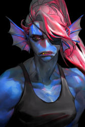 Rule 34 | 1girl, black background, blue skin, colored skin, eyepatch, eyeshadow, fang, fins, head fins, highres, jia jung, makeup, monster girl, portrait, red hair, solo, tank top, undertale, undyne, upper body, yellow eyes