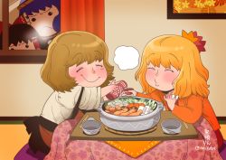 Rule 34 | 4girls, :&lt;, ^ ^, against window, aki minoriko, aki shizuha, alcohol, apron, blonde hair, blush, bow, bowl, brown hair, carrot, choko (cup), chopsticks, closed eyes, closed mouth, commentary, condensation, cup, curtains, cushion, eating, english commentary, facing viewer, floral print, food, frilled bow, frilled hair tubes, frills, from side, frown, furrowed brow, hair bow, hair ornament, hair tubes, hakurei reimu, hand up, happy, holding, holding cup, indoors, kotatsu, leaf, leaf hair ornament, light brown hair, long sleeves, maple leaf, multiple girls, mushroom, nabe, no headwear, no nose, onikobe rin, open clothes, outstretched arm, peeking, peeking out, picture frame, pot, pouring, puckered lips, purple hair, red bow, red curtains, room, sake, shiitake, shirt, siblings, signature, sisters, sitting, smile, steam, sukiyaki, table, tofu, tokkuri, touhou, twitter username, under kotatsu, under table, vegetable, wide sleeves, window, window fog, yasaka kanako, zabuton
