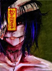 Rule 34 | 1girl, bandage over one eye, bandaged head, bandages, blood, blood from mouth, collarbone, commentary request, cuts, green background, guro, hair between eyes, hair over one eye, highres, injury, jiangshi, lips, looking at viewer, miyako yoshika, ofuda, parted lips, purple hair, red eyes, short hair, slit throat, solo, stitched mouth, stitches, toa (kitakaze setsuna), touhou