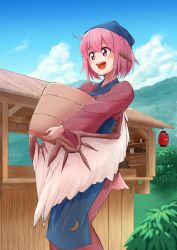 Rule 34 | 1girl, animal ears, apron, bird ears, bird wings, blue apron, blush, brown kimono, day, feathered wings, food stand, hair between eyes, head scarf, highres, holding, japanese clothes, kimono, long sleeves, mystia lorelei, okamisty, open mouth, outdoors, pink hair, pink wings, plant0701, red eyes, short hair, smile, solo, touhou, wide sleeves, wings, yatai