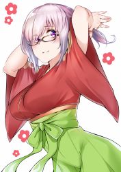 Rule 34 | 1girl, adjusting hair, blush, breasts, dutch angle, fate/grand order, fate (series), floral background, glasses, hair over one eye, hair tie, highres, japanese clothes, kimono, large breasts, len (hand linke), looking at viewer, mash kyrielight, mash kyrielight (enma-tei uniform), official alternate costume, purple eyes, purple hair, solo, white background, wide sleeves, yukata