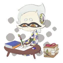 Rule 34 | + +, 1girl, aged down, book, cage, child, commentary request, inkling, japanese clothes, kimono, marie (splatoon), mole, mole under eye, nintendo, official art, pointy ears, short hair, silver hair, simple background, solo, splatoon (series), splatoon 1, symbol-shaped pupils, table, writing, yellow eyes