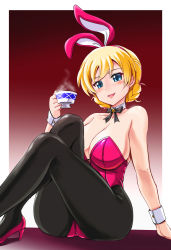 Rule 34 | 10s, 1girl, alternate costume, animal ears, arm support, bare shoulders, black bow, black bowtie, black pantyhose, blonde hair, blue eyes, bow, bowtie, braid, breasts, cleavage, commentary request, cup, darjeeling (girls und panzer), detached collar, fake animal ears, girls und panzer, gradient background, high heels, highres, holding, kumoi takashi, large breasts, leaning back, leotard, looking at viewer, pantyhose, parted lips, pink footwear, pink leotard, playboy bunny, rabbit ears, red background, shoes, short hair, sitting, smile, solo, steam, strapless, strapless leotard, teacup, thighs, twin braids, wrist cuffs