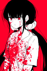 Rule 34 | 1girl, black hair, blood, blood on clothes, blood on face, closed mouth, collarbone, commentary request, danganronpa (series), danganronpa v3: killing harmony, hair ornament, hair scrunchie, harukawa maki, high contrast, highres, long hair, low twintails, red background, red eyes, red theme, scrunchie, shirt, simple background, solo, suurin (ksyaro), tearing up, twintails, upper body
