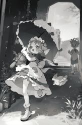 Rule 34 | 1girl, 2boys, :d, ankle boots, apron, baofandxy, blunt bangs, boots, bow, child, crossdressing, dress, falling petals, frilled dress, frilled umbrella, frills, grass, greyscale, highres, holding, holding umbrella, looking at another, made in abyss, maid, maid headdress, maruruk, meinya (made in abyss), monochrome, multiple boys, open mouth, outdoors, ozen, petals, plant, pouch, running, short hair, short sleeves, shorts, smile, solo focus, stairs, trap, umbrella, waist apron, waist bow, whistle, whistle around neck