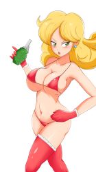 Rule 34 | 1girl, bikini, blonde hair, blush, breasts, chikinkun, cowboy shot, dragon ball, dragon ball (classic), earrings, explosive, female focus, gloves, green eyes, grenade, groin, hand on own hip, highres, holding, holding grenade, jewelry, large breasts, legs, long hair, looking at viewer, lunch (dragon ball), navel, nose blush, open mouth, red bikini, red gloves, red thighhighs, simple background, solo, standing, swimsuit, thighhighs, thighs, wavy hair, white background