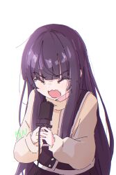 Rule 34 | 1girl, absurdres, blush, closed eyes, commentary, english commentary, highres, holding, holding microphone, long hair, long sleeves, ltv1119, microphone, music, open mouth, purple hair, shirt, simple background, singing, solo, takanashi kim anouk mei, tears, white background, yellow shirt, yoru no kurage wa oyogenai