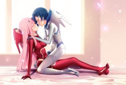 Rule 34 | 10s, 2girls, absurdres, aqua eyes, arm support, bed sheet, blue hair, bodysuit, breasts, cloudxmoe, commentary, darling in the franxx, eye contact, green eyes, hair ornament, hairband, hairclip, hand on another&#039;s cheek, hand on another&#039;s face, hand on another&#039;s shoulder, highres, horns, ichigo (darling in the franxx), long hair, looking at another, medium breasts, multiple girls, pink hair, red bodysuit, red horns, short hair, sitting, sitting on person, skin tight, small breasts, white bodysuit, white hairband, window, yuri, zero two (darling in the franxx)