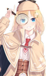 Rule 34 | 1girl, absurdres, bad id, bad pixiv id, blonde hair, blue eyes, capelet, deerstalker, grin, hair ornament, hat, highres, hololive, hololive english, kttmr i, long sleeves, looking at viewer, magnifying glass, medium hair, necktie, pocket watch, red necktie, simple background, smile, solo, upper body, virtual youtuber, watch, watson amelia, watson amelia (1st costume), white background