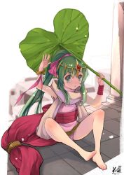 Rule 34 | 1girl, bad id, bad twitter id, barefoot, feet, female focus, fire emblem, fire emblem: mystery of the emblem, fire emblem: new mystery of the emblem, fire emblem: shadow dragon, fire emblem: shadow dragon and the blade of light, fire emblem heroes, green eyes, green hair, holding, holding leaf, kero sweet, leaf, leaf umbrella, lily pad, long hair, looking at viewer, nintendo, ponytail, scarf, solo, tiki (fire emblem), toes