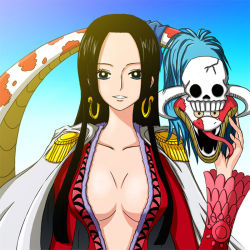 Rule 34 | 1girl, amazon lily, boa hancock, breasts, cape, cleavage, earrings, epaulettes, female focus, gradient background, highres, jewelry, long hair, one piece, salome (one piece), skull, snake, solo, upper body, white background
