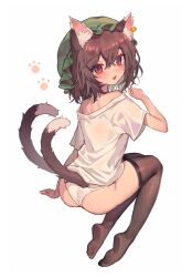 Rule 34 | 1girl, animal ear fluff, animal ears, ass, black thighhighs, blush, brown hair, cat ears, cat tail, chen, earrings, fang, fingernails, full body, green hat, hair between eyes, hat, highres, invisible chair, jewelry, long fingernails, mob cap, multiple tails, nail polish, open mouth, panties, qiu ju, red eyes, red nails, sharp fingernails, shirt, short hair, short sleeves, simple background, single earring, sitting, solo, tail, thighhighs, touhou, two tails, underwear, white background, white panties, white shirt