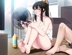 Rule 34 | 1boy, 1girl, akchu, ass, bare shoulders, barefoot, black hair, black nails, blush, bottle, breasts, chobi (akchu), cleavage, controller, couch, electric fan, food, game controller, hair between eyes, highres, large breasts, long hair, nail polish, original, playstation controller, ponytail, popsicle, red eyes, shorts, sitting, sweat, tank top, television, toenail polish, toenails