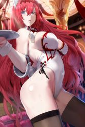 Rule 34 | 1girl, ass, black thighhighs, blue eyes, blurry, breasts, depth of field, from side, godsworn alexiel, granblue fantasy, hair between eyes, hews, highleg, highleg leotard, highres, holding, holding tray, indoors, large breasts, leotard, long hair, looking at viewer, open mouth, playboy bunny, red hair, solo, thighhighs, thighs, tray, very long hair, wavy hair, white leotard, wrist cuffs