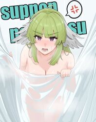 Rule 34 | 1girl, ahoge, anger vein, arknights, bird girl, blush, breasts, cleavage, commentary, completely nude, cowboy shot, feather hair, feathers, glaring, highres, large breasts, leaning forward, looking at viewer, medium hair, nude, open mouth, poncirus (arknights), purple eyes, romaji text, scowl, see-through, shower (place), shower curtain, sidelocks, solo, spoken anger vein, standing, tenten (1010haka), tile wall, tiles, translated, v-shaped eyebrows, wet, white feathers