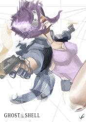 Rule 34 | 1girl, belt, cleavage, copyright name, cyborg, dual wielding, fingerless gloves, ghost in the shell, ghost in the shell stand alone complex, gun, head-mounted display, highleg, highleg leotard, holding, jacket, kusanagi motoko, leotard, lukemit, purple hair, short hair, solo, weapon