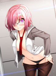 Rule 34 | 1girl, black-framed eyewear, black panties, blush, breasts, brown pantyhose, closed mouth, clothes pull, collarbone, cowboy shot, embarrassed, eyelashes, fate/grand order, fate (series), frown, glasses, hair over one eye, healther, indoors, jacket, leaning forward, legs apart, long sleeves, looking at viewer, mash kyrielight, medium breasts, navel, necktie, no bra, open clothes, open jacket, over-rim eyewear, panties, pantyhose, pantyhose pull, pink hair, purple eyes, red necktie, revision, semi-rimless eyewear, short hair, solo, stomach, track jacket, underwear, undressing, wavy mouth, white jacket