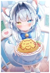 Rule 34 | 1girl, ahoge, animal ear fluff, animal ears, apron, bell, blue bow, blue bowtie, blue eyes, blue shirt, blush, bow, bowtie, cafe, cat ears, cat girl, closed mouth, dutch angle, feet out of frame, fisheye, food, foreshortening, garter straps, grey hair, hair intakes, hands up, heart, heterochromia, highres, holding, holding plate, incoming food, indoors, komugi (2212), long bangs, looking at viewer, maid, maid headdress, name tag, neck bell, omelet, omurice, original, plate, shirt, skirt, solo, spoken heart, striped clothes, striped skirt, thighhighs, white apron, white thighhighs, yellow eyes