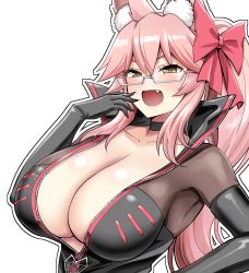 Rule 34 | 1girl, animal ear fluff, animal ears, black bodysuit, blush, bodysuit, bow, breasts, center opening, choker, cleavage, elbow gloves, fang, fate/grand order, fate (series), fox ears, fox girl, fox tail, glasses, gloves, hair between eyes, hair bow, highres, kanno takanori, koyanskaya (assassin) (first ascension) (fate), koyanskaya (fate), large breasts, long hair, looking at viewer, open mouth, pink bow, pink hair, ponytail, sidelocks, smile, solo, tail, tamamo (fate), yellow eyes