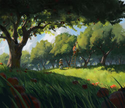 Rule 34 | 1boy, 1girl, absurdres, apple, blue sky, cloud, day, food, fruit, grass, highres, jeremy paillotin, ladder, magic: the gathering, orchard, outdoors, red apple, scenery, sky, the lord of the rings, tolkien&#039;s legendarium, tree