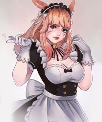Rule 34 | animal ears, apron, warrior of light (ff14), bandaid, bandaid on face, bell, breasts, brown hair, cat ears, cleavage, facial mark, final fantasy, final fantasy xiv, gloves, gradient background, green eyes, heterochromia, highres, lianeige, lips, long hair, looking at viewer, maid, maid headdress, medium breasts, miqo&#039;te, neck bell, puffy short sleeves, puffy sleeves, short sleeves, waist apron, whisker markings, white apron, white gloves