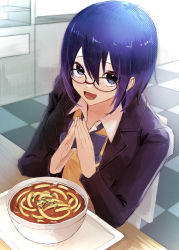 Rule 34 | 1girl, absurdres, ajita ponzu, black-framed eyewear, black jacket, blue bow, blue eyes, blue hair, bow, bowtie, chair, ciel (tsukihime), collared shirt, commentary request, curry, food, glasses, hair between eyes, highres, indoors, jacket, looking at viewer, open clothes, open jacket, open mouth, own hands together, school uniform, shirt, short hair, sitting, smile, solo, table, tsukihime, tsukihime (remake), uniform, vest, white shirt, yellow vest