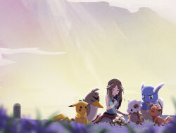 Rule 34 | 1girl, absurdres, blurry, blurry foreground, brown hair, closed eyes, closed mouth, cloud, commentary, creatures (company), crying, cubone, day, farfetch&#039;d, field, flower, flower field, game freak, gen 1 pokemon, green shirt, hand up, highres, holding hands, keeno-ringo46, leaf (pokemon), long hair, mourning, nintendo, outdoors, pikachu, pokemon, pokemon (creature), pokemon frlg, red skirt, sad, shirt, skirt, sky, sleeveless, sleeveless shirt, tears, vulpix, wartortle
