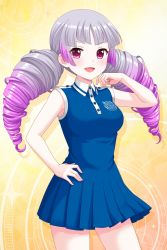 Rule 34 | 1girl, absurdres, alternative girls, blue dress, dress, emblem, hand on own hip, highres, looking at viewer, meya (alternative girls), multicolored hair, official art, open mouth, pink eyes, pink hair, short dress, silver hair, sleeveless, smile, solo, standing, twintails, yellow background