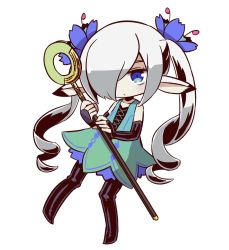 Rule 34 | 1girl, arm guards, bare shoulders, black footwear, black thighhighs, blue eyes, blue flower, blush, boots, character request, closed mouth, dress, etrian odyssey, flower, green dress, hair flower, hair ornament, hair over one eye, highres, holding, holding staff, long hair, naga u, ringlets, sidelocks, silver hair, simple background, sleeveless, sleeveless dress, solo, staff, thigh boots, thighhighs, twintails, very long hair, white background