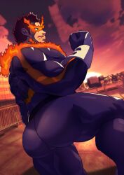 Rule 34 | 1boy, absurdres, ass, bara, biceps, blue suit, bodysuit, boku no hero academia, cityscape, cloud, covered erect nipples, deltoids, endeavor (boku no hero academia), fire, formal, gloves, golden nuri (goldlightyou), highres, huge ass, male focus, muscular, muscular male, nipples, on roof, pectorals, red hair, solo, suit, sunset, thick thighs, thighs
