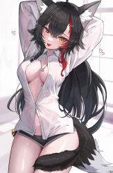 Rule 34 | 1girl, absurdres, animal ear fluff, animal ears, black hair, black shorts, blush, breasts, fang, hair between eyes, hair ornament, hairclip, highres, hololive, jewelry, kkato, large breasts, long hair, long sleeves, looking at viewer, multicolored hair, necklace, ookami mio, open mouth, red hair, see-through, shirt, short shorts, shorts, sitting, skin fang, smile, solo, streaked hair, tail, virtual youtuber, white shirt, wolf ears, wolf girl, wolf tail, yellow eyes