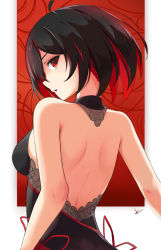 Rule 34 | back, black dress, black hair, dress, halter dress, halterneck, highres, honkai (series), honkai impact 3rd, kaviten, knot, lace, lace-trimmed dress, lace trim, looking back, multicolored hair, red hair, seele (alter ego), seele vollerei, seele vollerei (stygian nymph), streaked hair